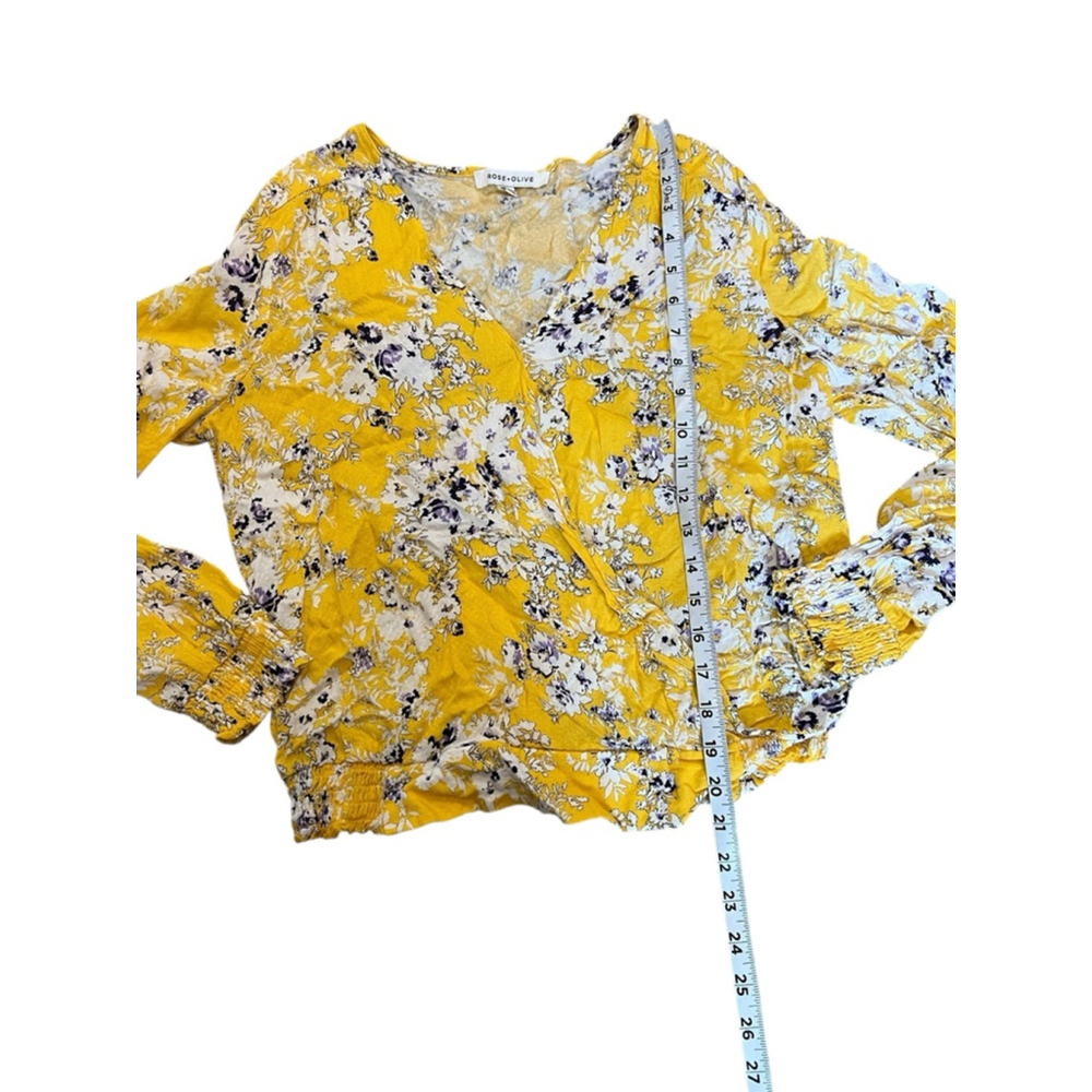 Rose + Olive Yellow Floral Wrap Style Blouse Boho Cottagecore Medium - Picture 7 of 10